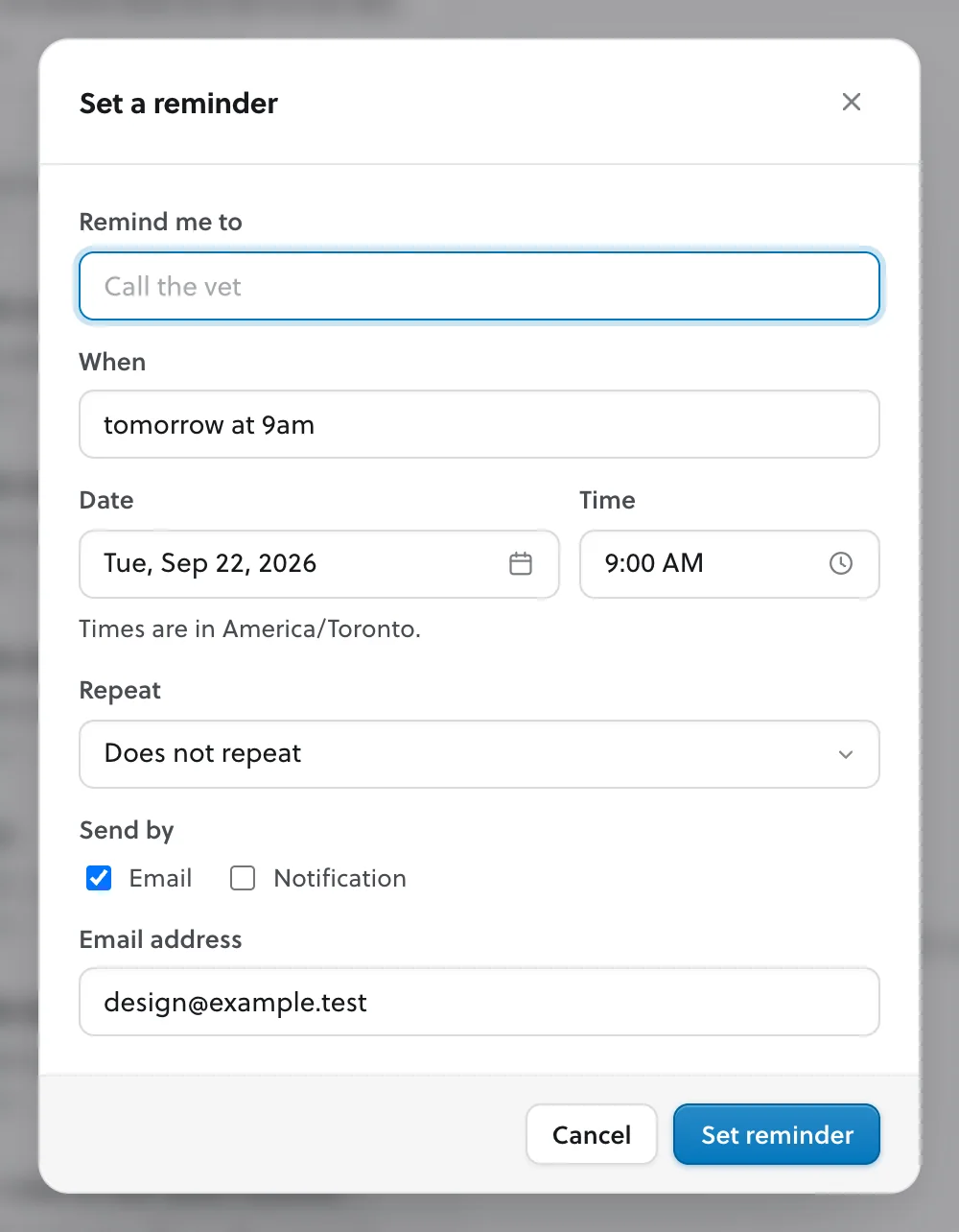 The reminder panel: what to be reminded of, when, whether it repeats, and whether it arrives by email or as a notification.