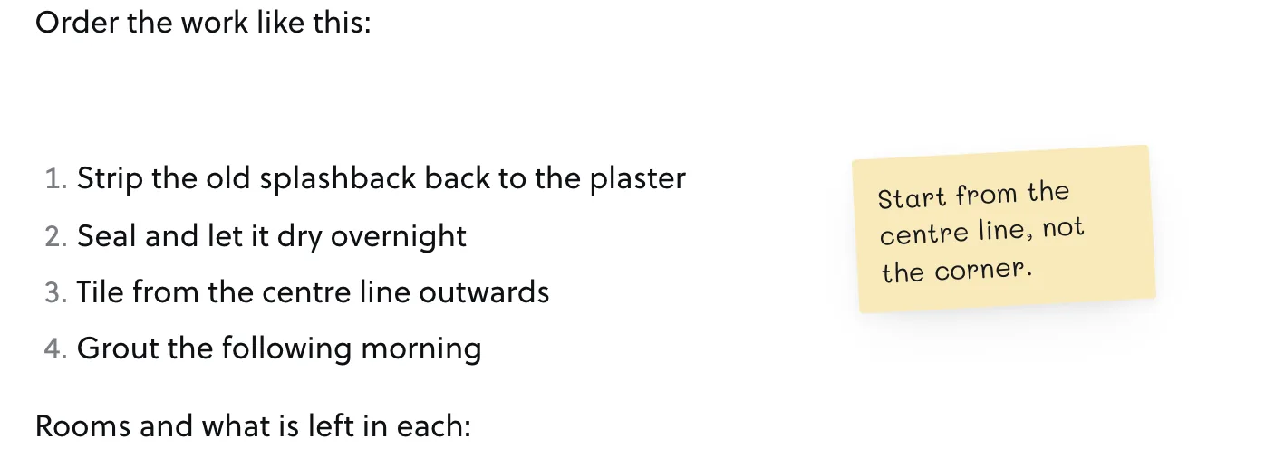 A yellow post-it sitting beside a numbered list in a note.