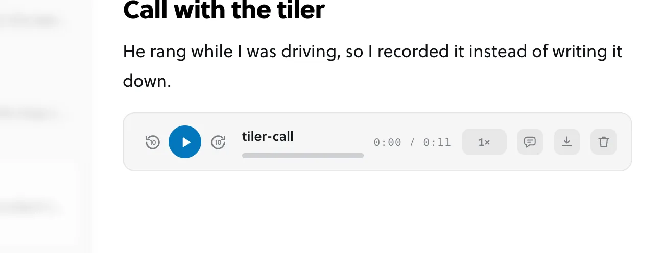 An audio recording in a note, shown as a player with its length and its tools.