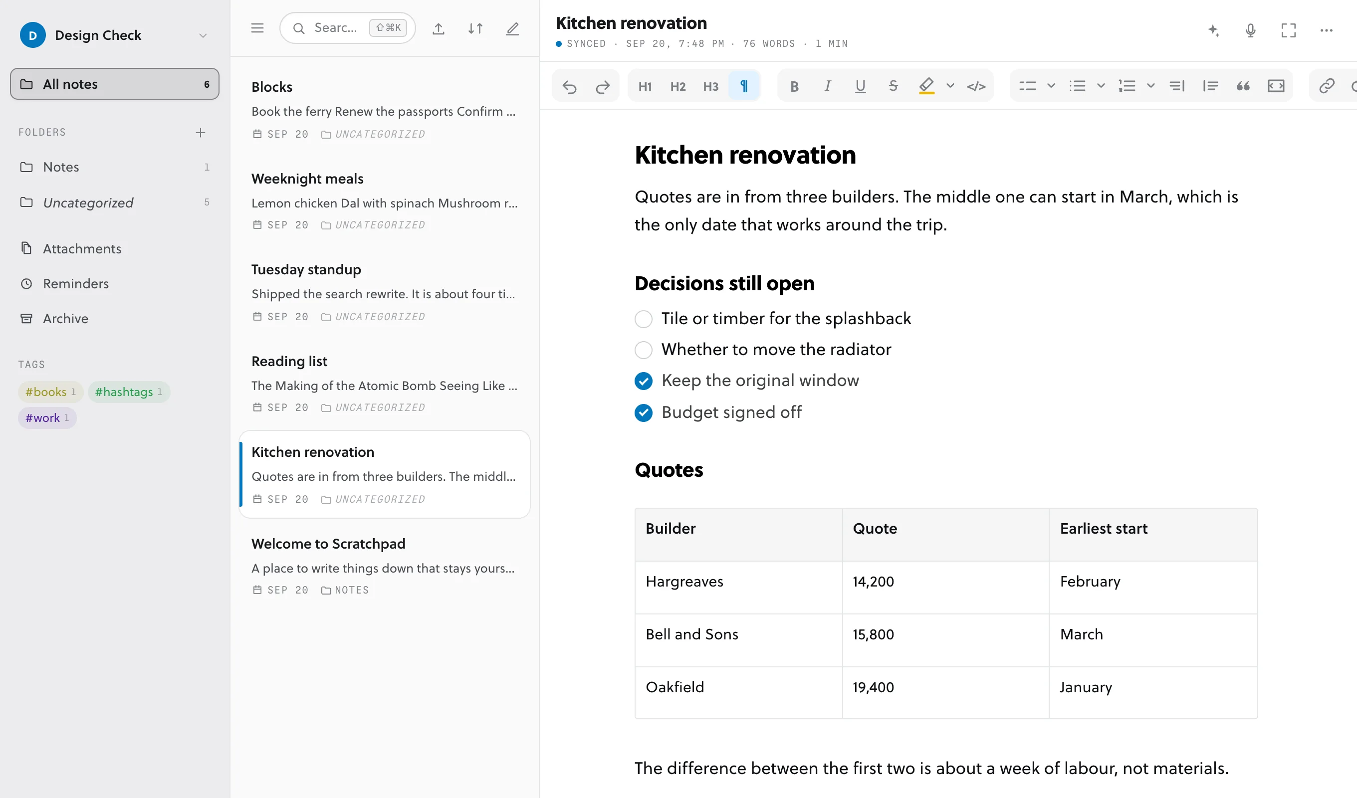 The Scratchpad window, with folders on the left, notes in the middle, and the open note on the right.
