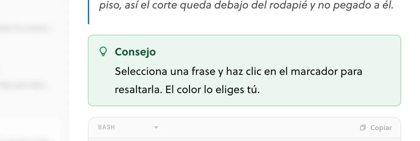 Un recuadro de color con un consejo, un ícono y un título.