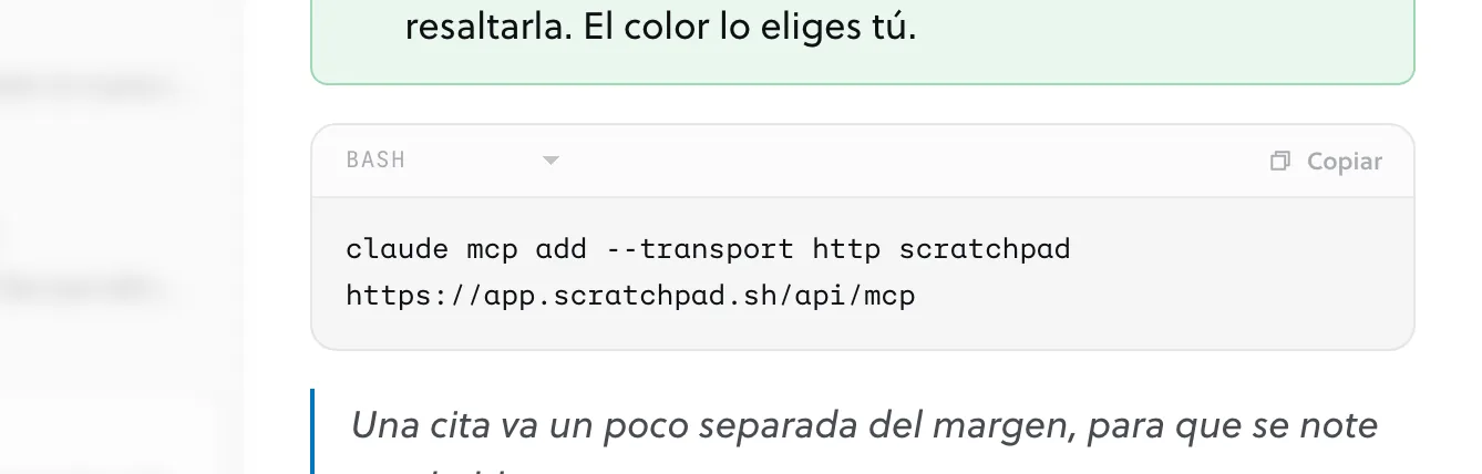 Un bloque de código con su lenguaje a la izquierda y un botón de copiar a la derecha.