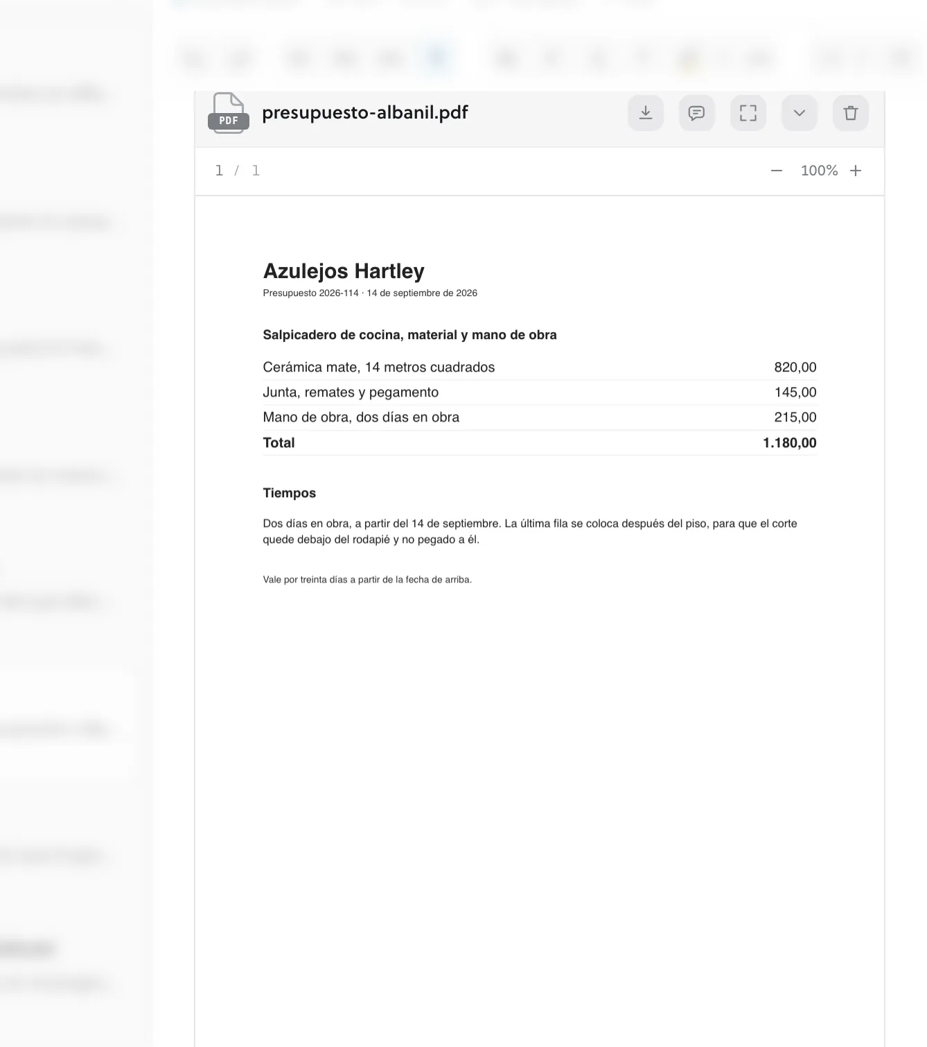 Un PDF en una nota, con su fila y sus páginas debajo.