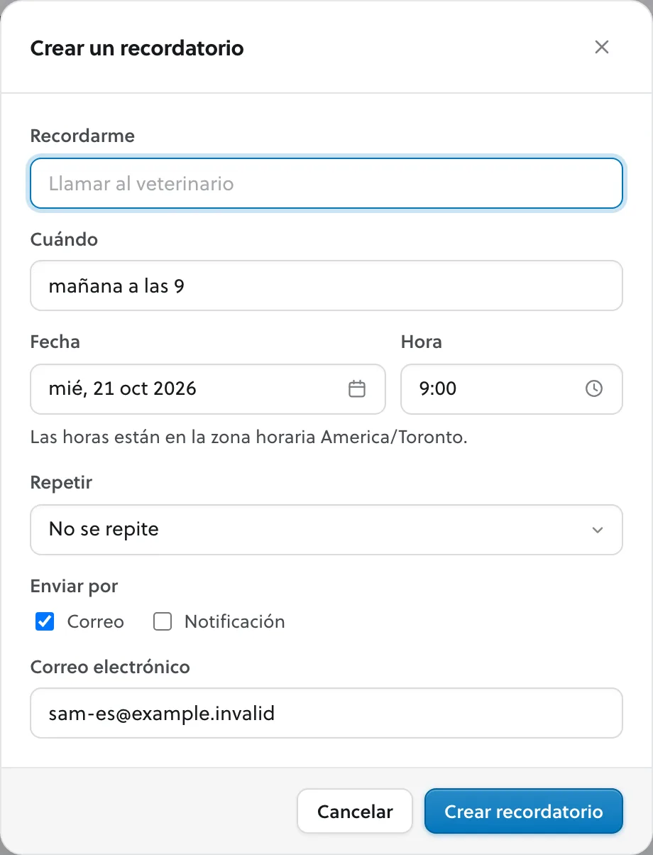 El panel de recordatorio: de qué avisarte, cuándo, si se repite y si llega por correo o como notificación.