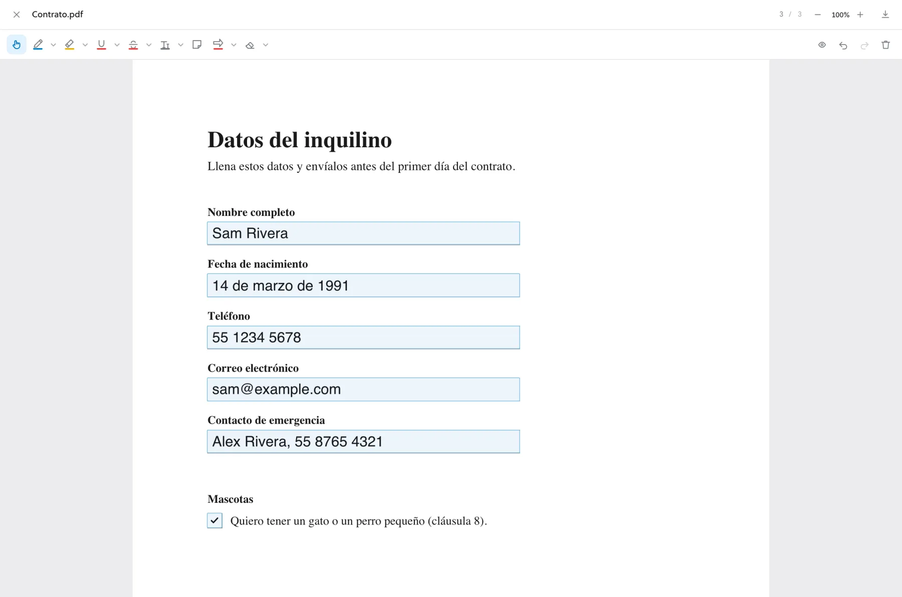 La página de datos del inquilino, con los campos llenos y una casilla marcada.