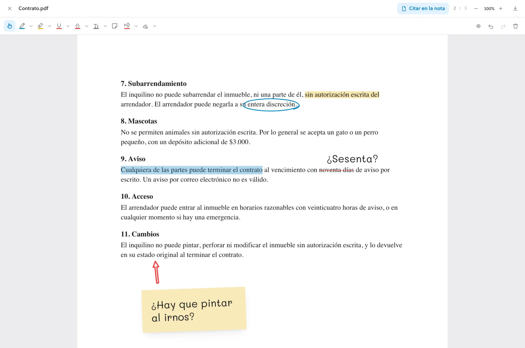 Una frase seleccionada en el contrato, con el botón Citar en la nota arriba en el lector.