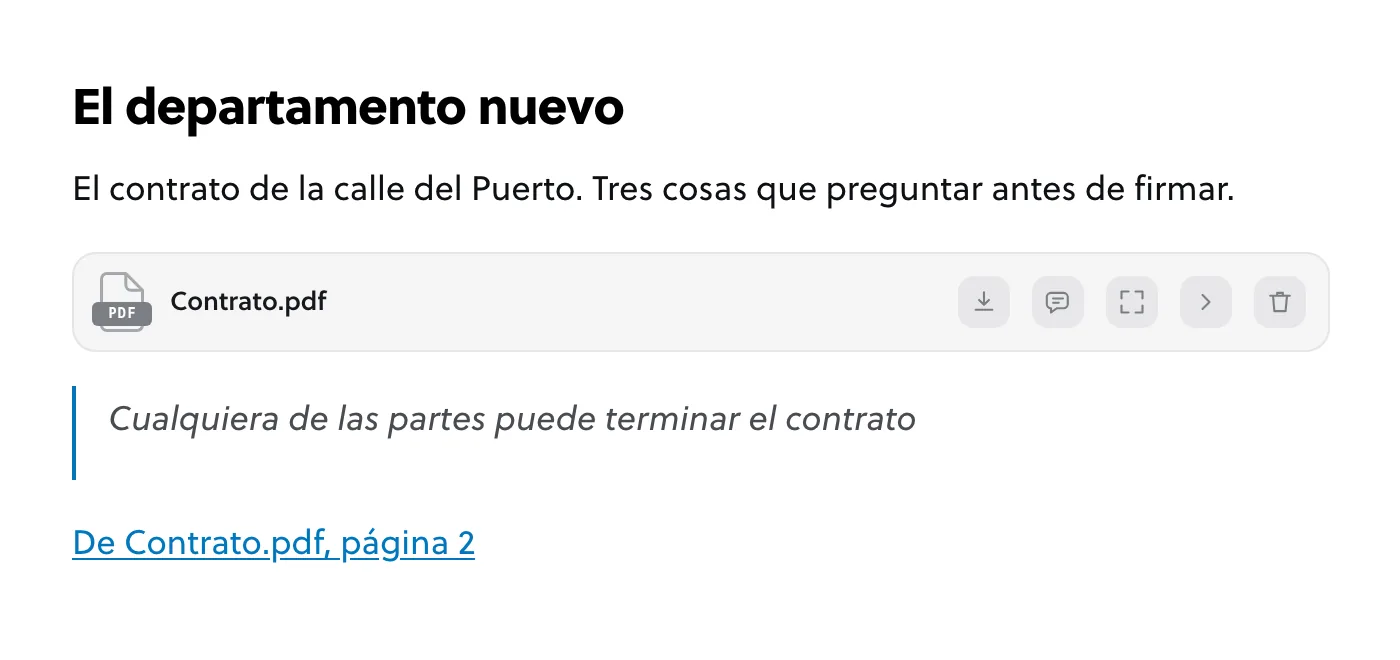 La nota con la frase citada debajo del PDF, y un enlace que dice De Contrato.pdf, página 2.