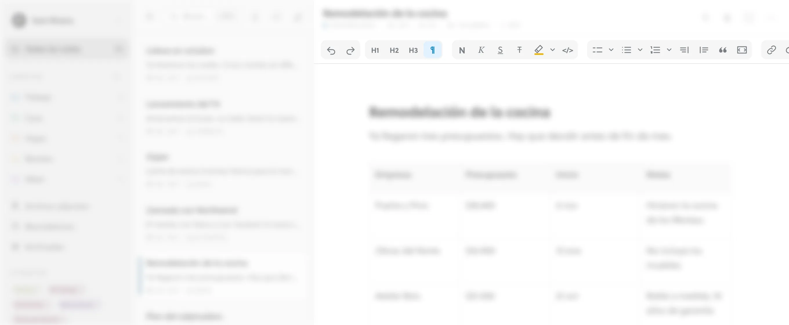La barra de herramientas del editor: deshacer y rehacer, tres niveles de encabezado, negrita, cursiva, subrayado, tachado, resaltado, listas, citas y enlaces.