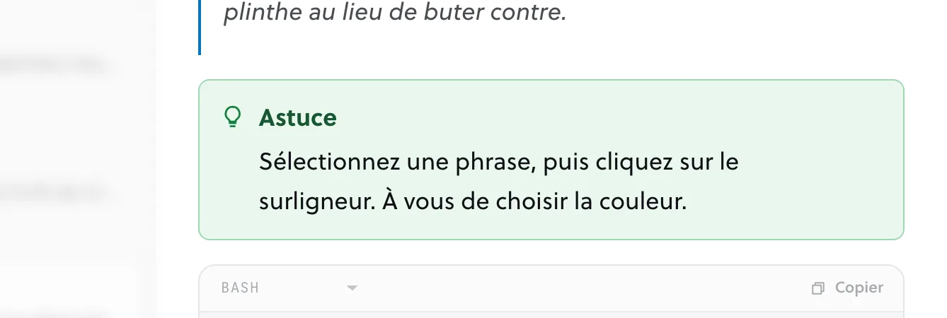 Un encadré coloré qui contient un conseil, avec une icône et un titre.