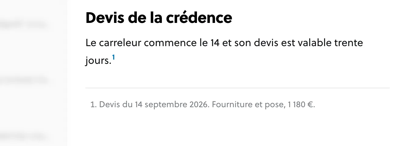 Une phrase suivie d’un numéro en exposant, et le texte de la note de bas de page en bas de la note.