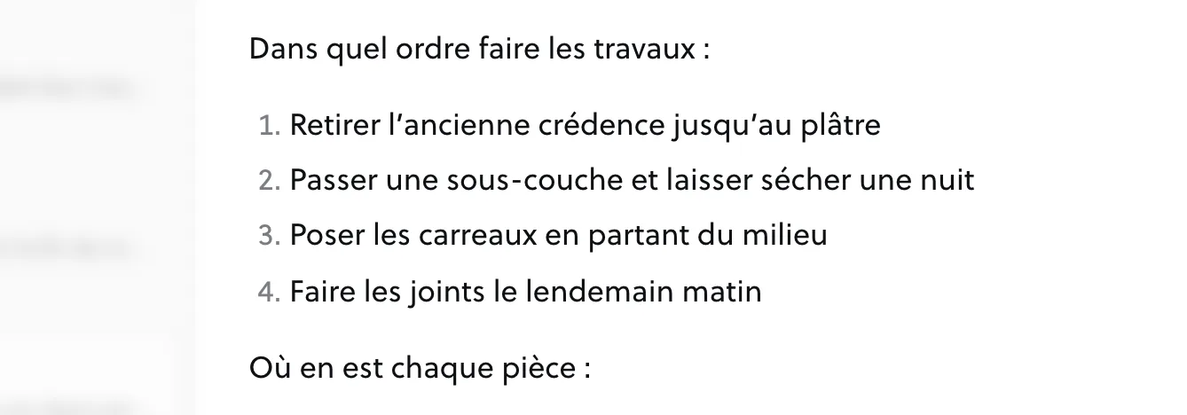 Une liste numérotée de trois étapes, au milieu d’une note.