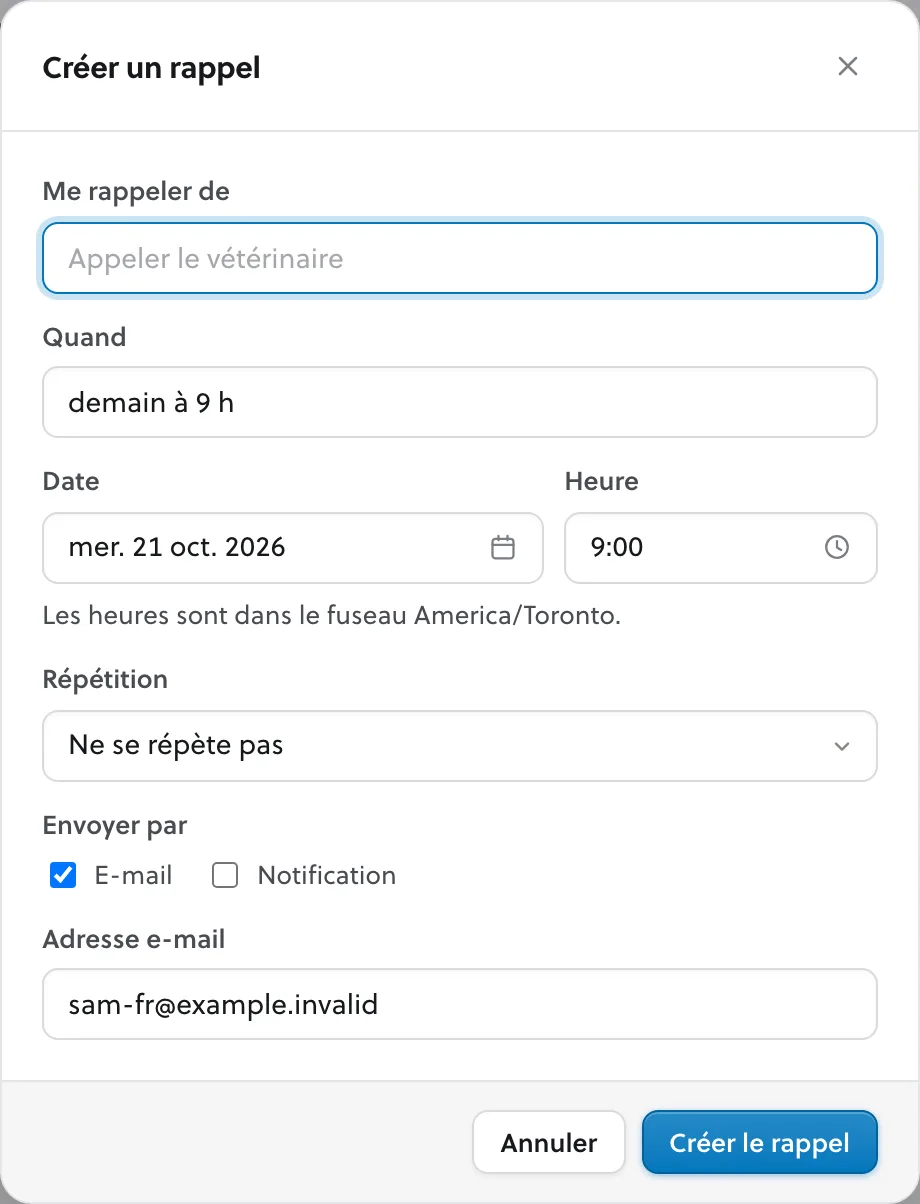 Le panneau de rappel : l’objet du rappel, la date, la répétition éventuelle et l’envoi par e-mail ou par notification.