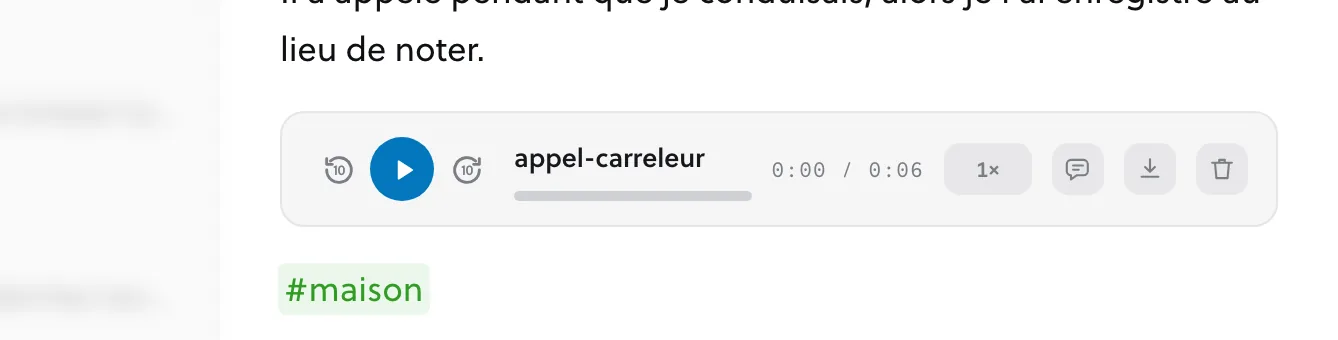 Un enregistrement audio dans une note, affiché comme un lecteur avec sa durée et ses outils.