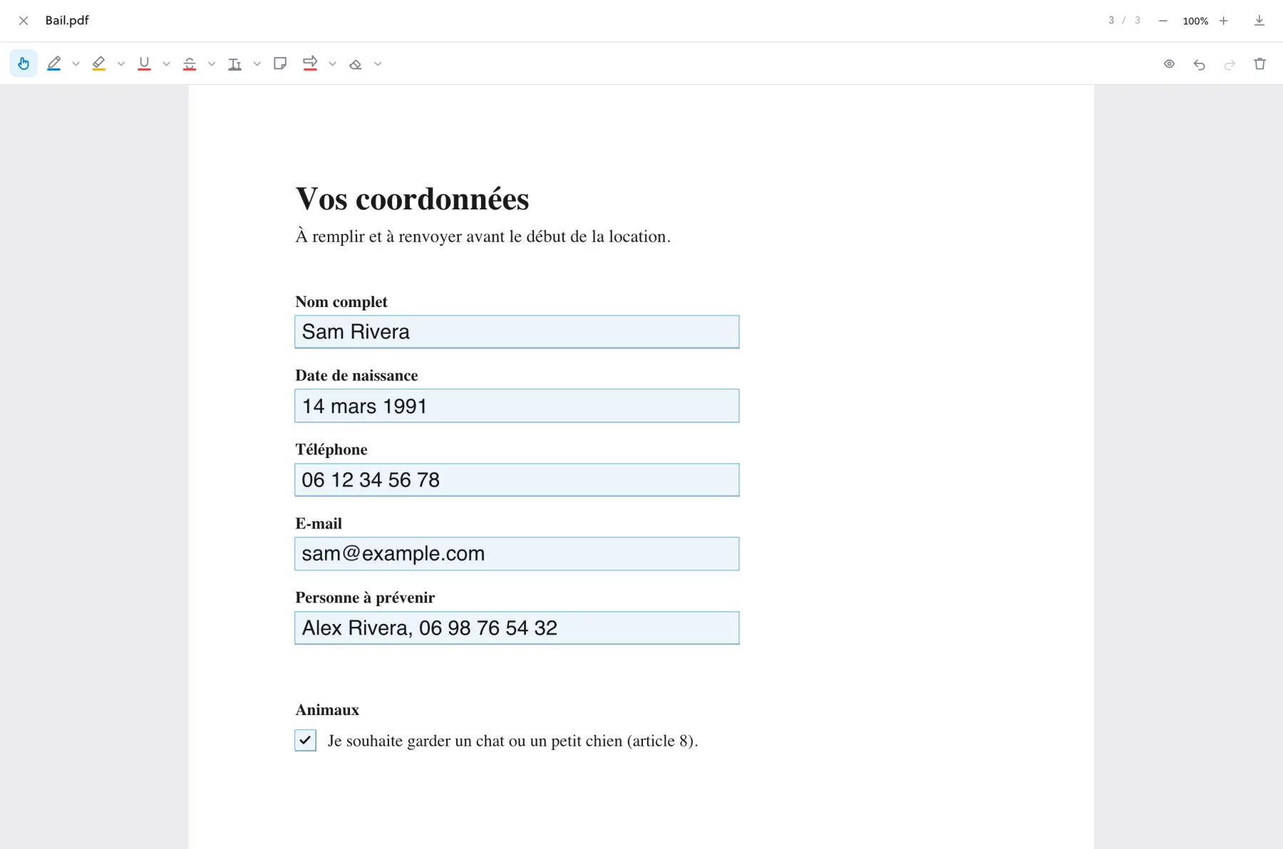 La page de renseignements du bail, avec ses champs remplis et une case cochée.