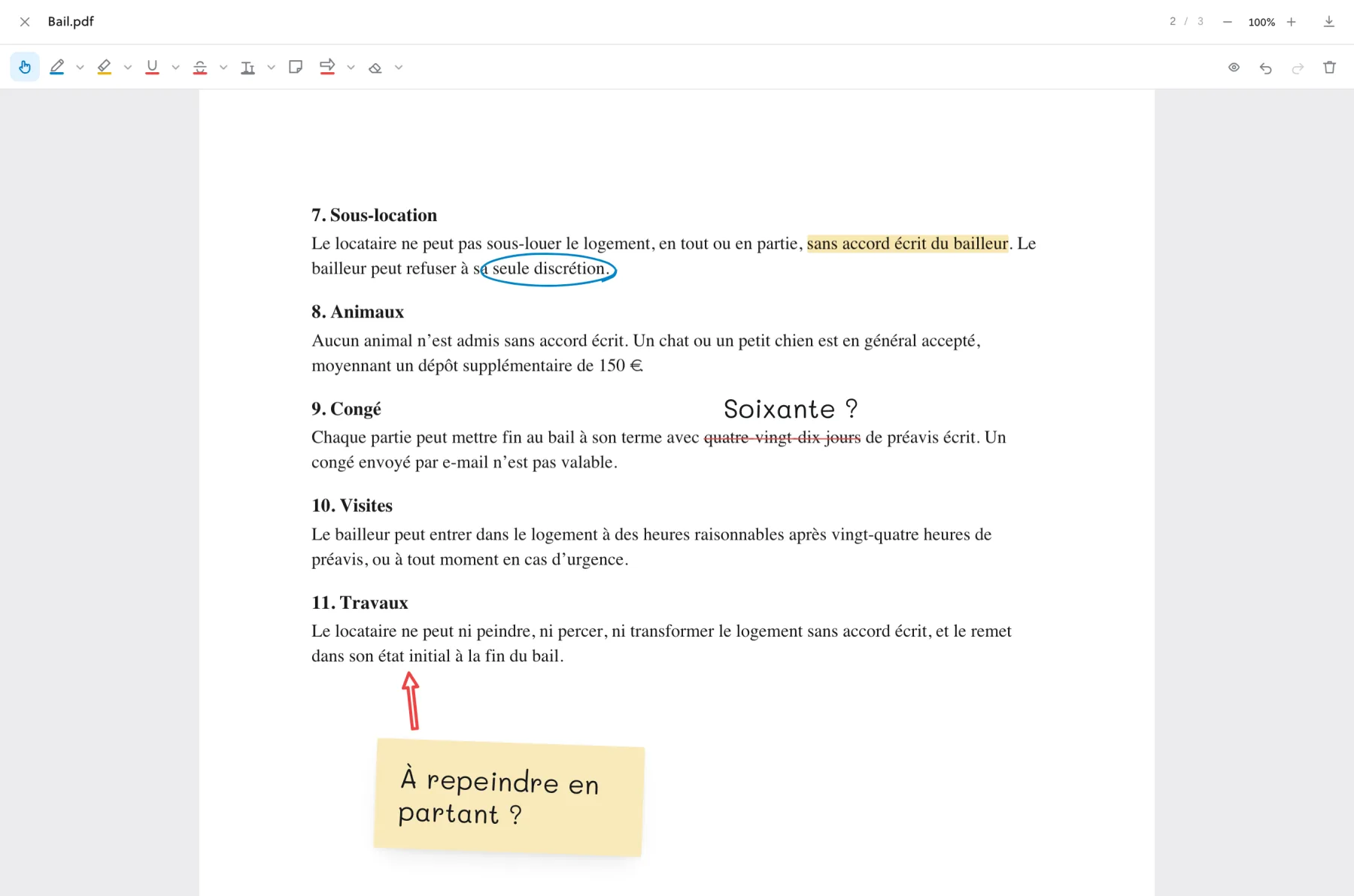 Un bail dans le lecteur, avec une phrase surlignée, un cercle au stylo, un préavis barré, une question écrite, une flèche et un post-it.