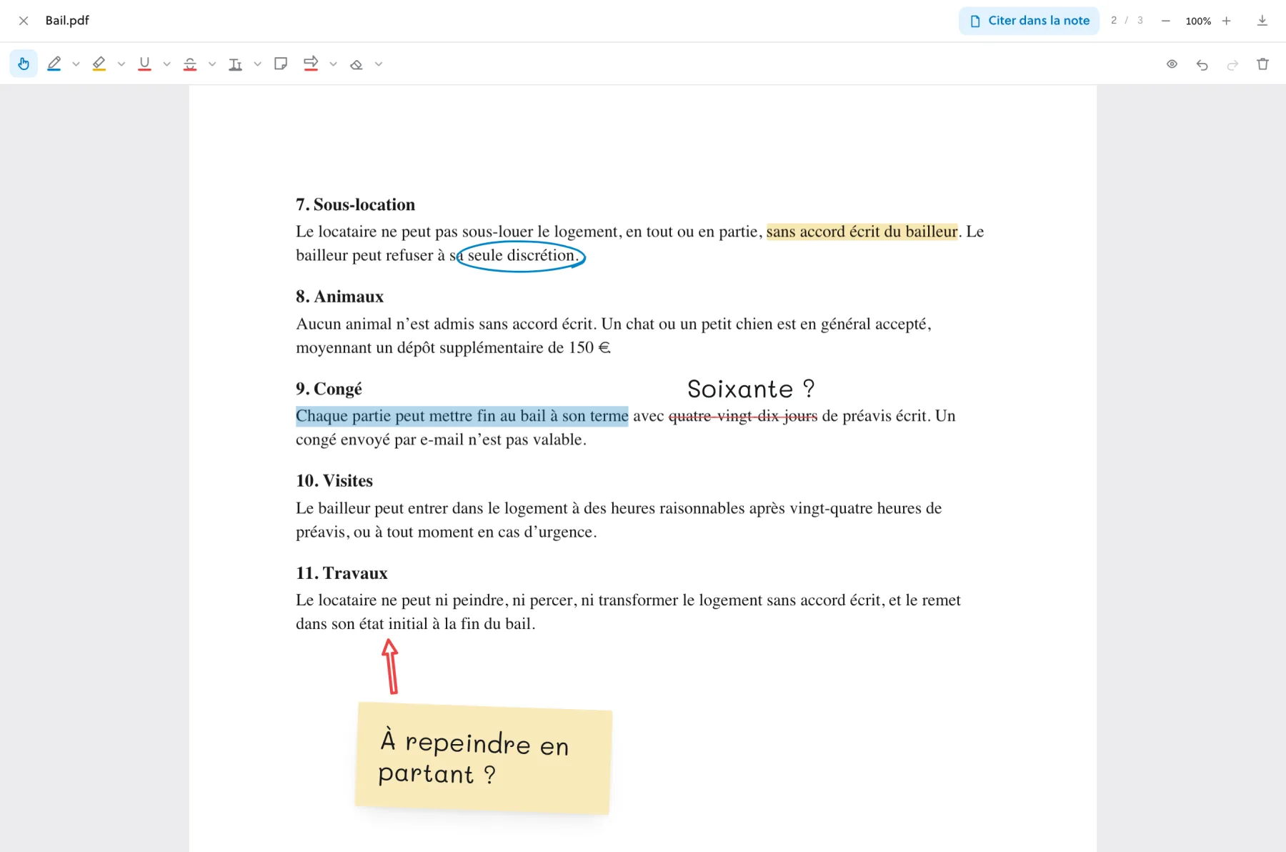 Une phrase sélectionnée dans le bail, avec le bouton Citer dans la note en haut du lecteur.
