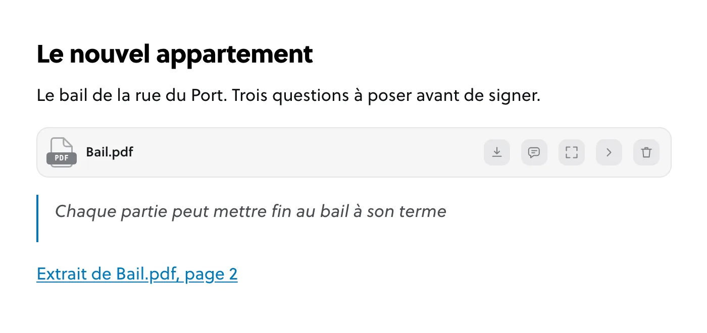 La note avec la phrase citée sous le PDF, et un lien Extrait de Bail.pdf, page 2.