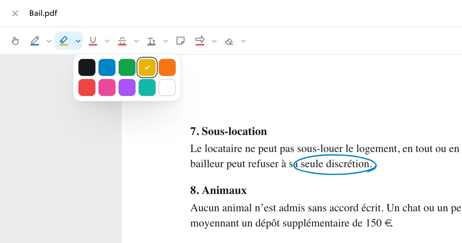 Le chevron du surligneur ouvert, avec dix couleurs et le jaune sélectionné.