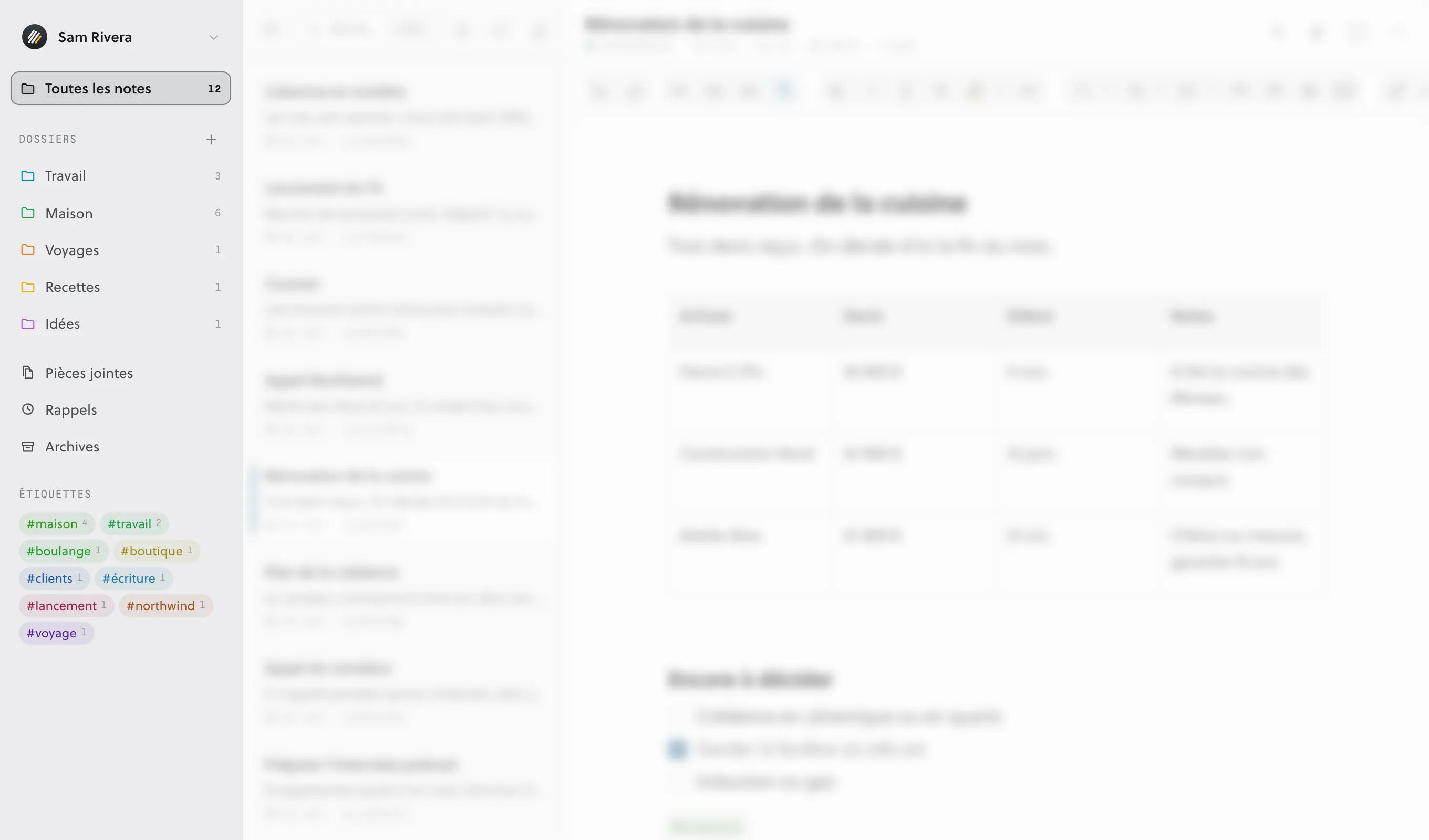 La barre latérale, à gauche, avec Toutes les notes, deux dossiers et leur nombre de notes, Pièces jointes, Rappels, Archives et trois étiquettes.