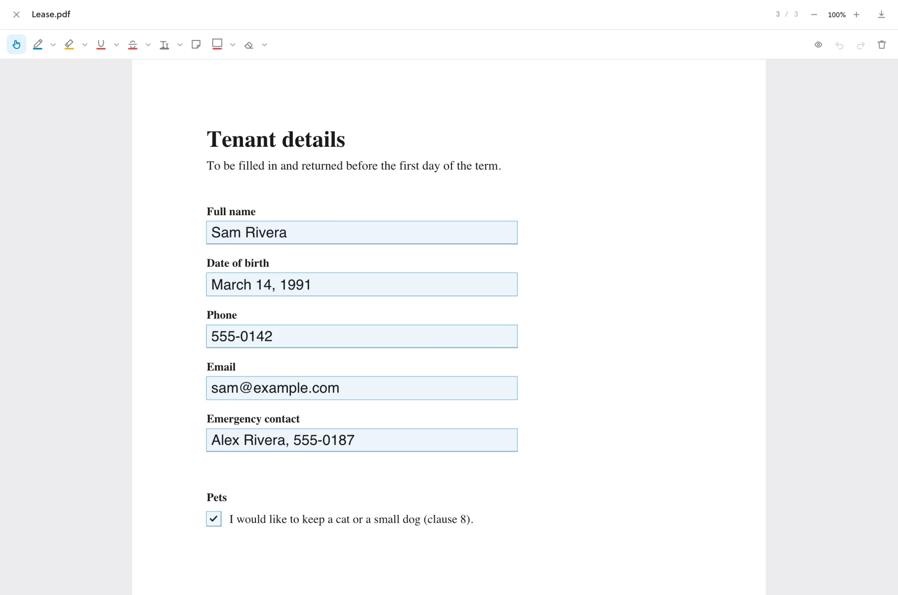 The tenant details page of the lease, with its fields filled in and a box ticked.