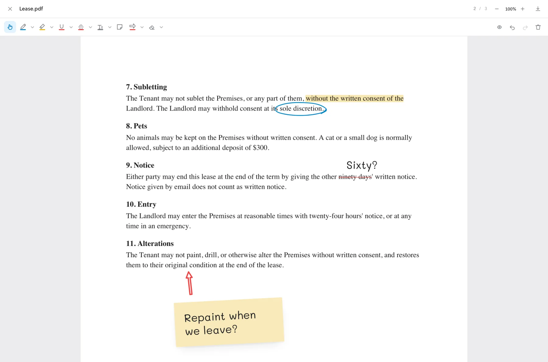 A lease in the reader, with a highlighted sentence, a pen circle, a struck-out notice period, a written question, an arrow, and a post-it.