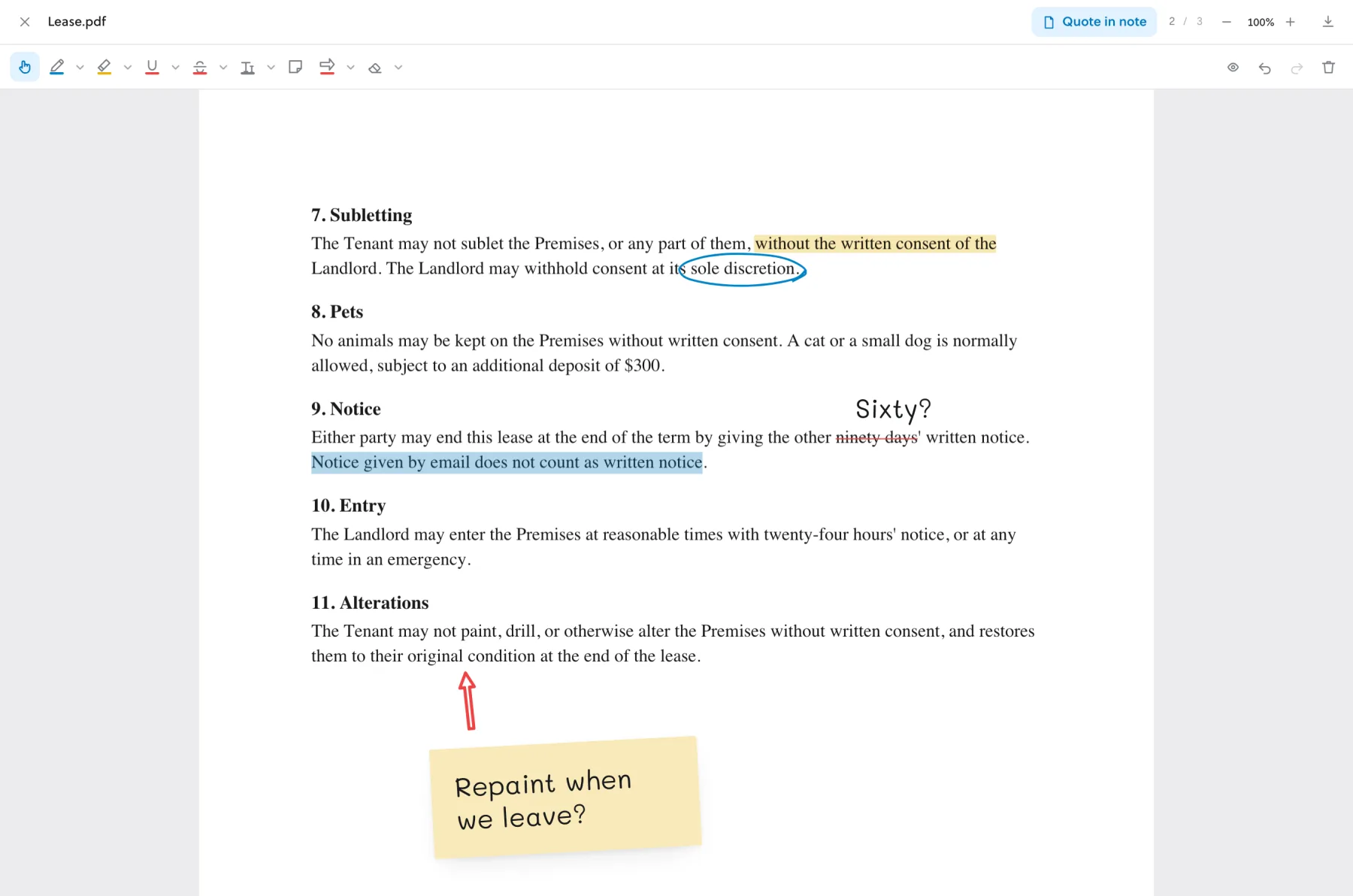 A sentence selected in the lease, with the Quote in note button at the top of the reader.