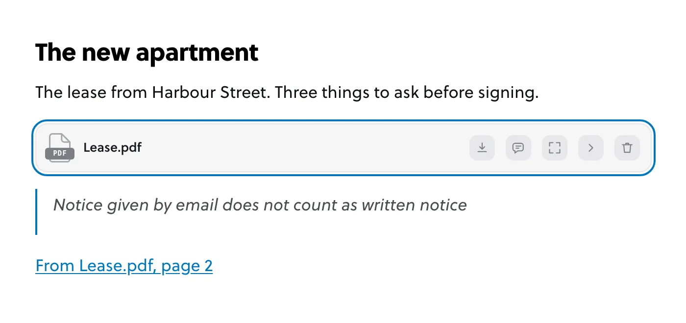 The note with the quoted sentence under the PDF, and a link reading From Lease.pdf, page 2.