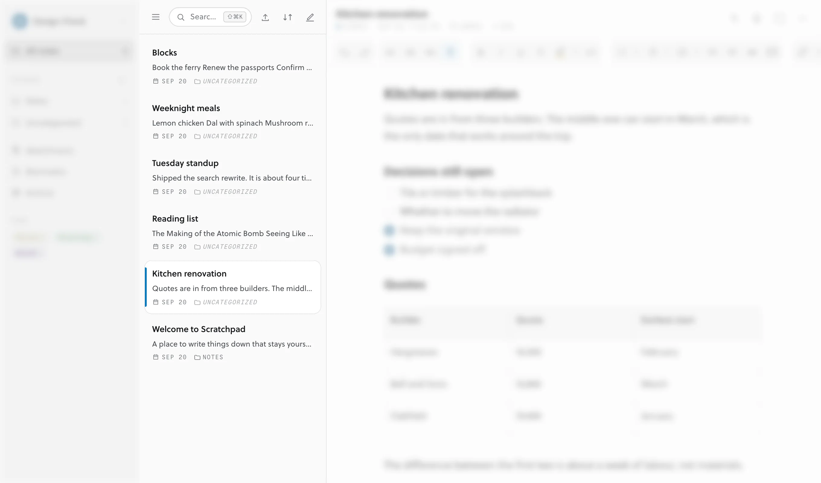 The note list, each row showing a title, the first line of the note, its date and its folder.