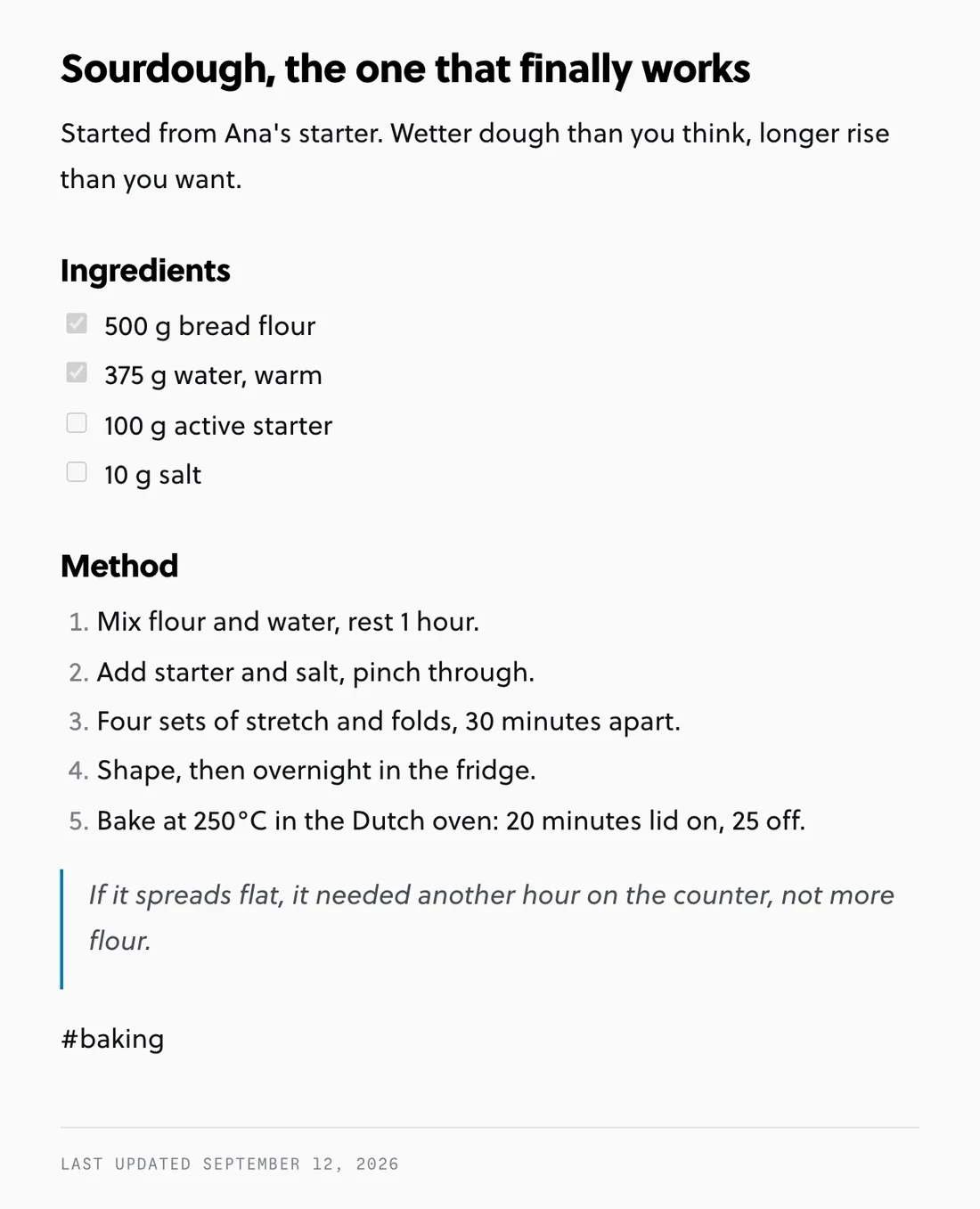 A published note, Sourdough, the one that finally works, shown as a simple web page with ingredients and a method.