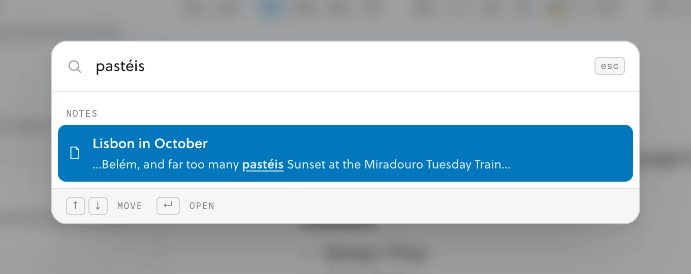 The search palette with the word pastéis typed in, finding the Lisbon in October note and highlighting the matching line.