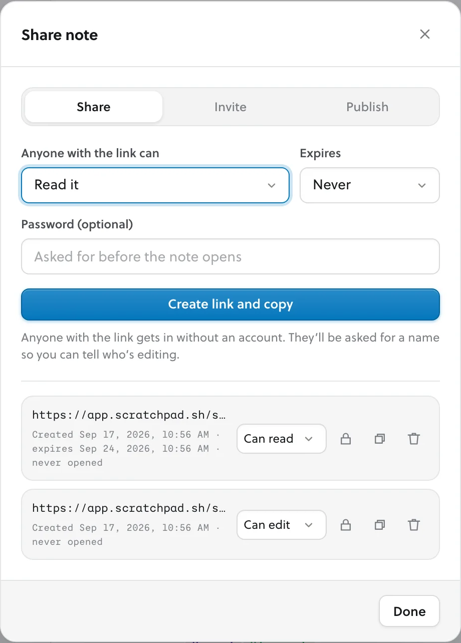 The Share dialog with a read-only link that expires in a week and an edit link, each with its own settings.